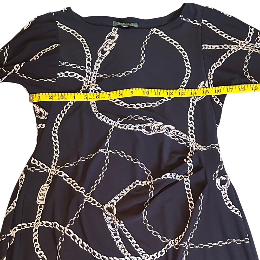 Lauren Ralph Lauren Navy Chain Link Print Ruched Sheath Dress Size 12 Boat Neck - Picture 4 of 10